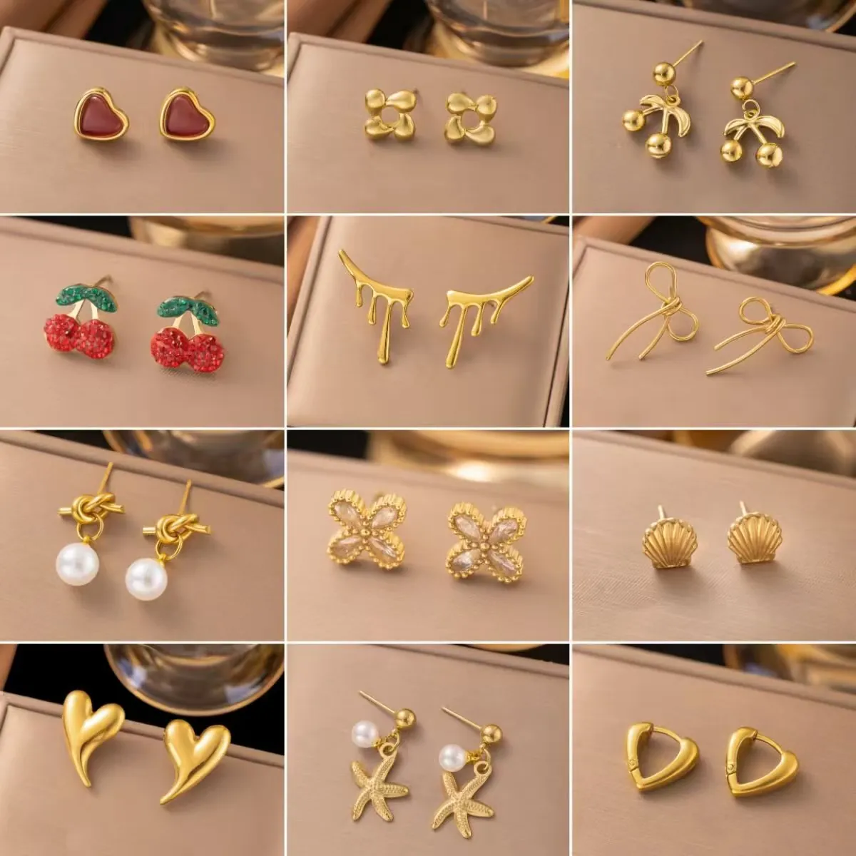 304 Stainless Steel Earrings For Women Gold Silver Plated Heart Flower Cherry Bow Knot Shell Artificial Pearl Zirconia Drop Stud Earrings Minimalist Niche Jewelry