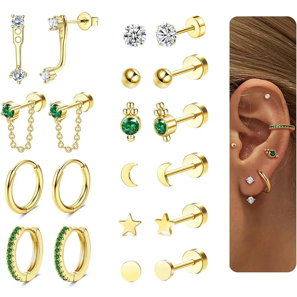Stainless Steel Stud Earrings Hoop Earrings Piercing Jewelry With Zircon Heart Star Moon Lightning Geometric Design For Women