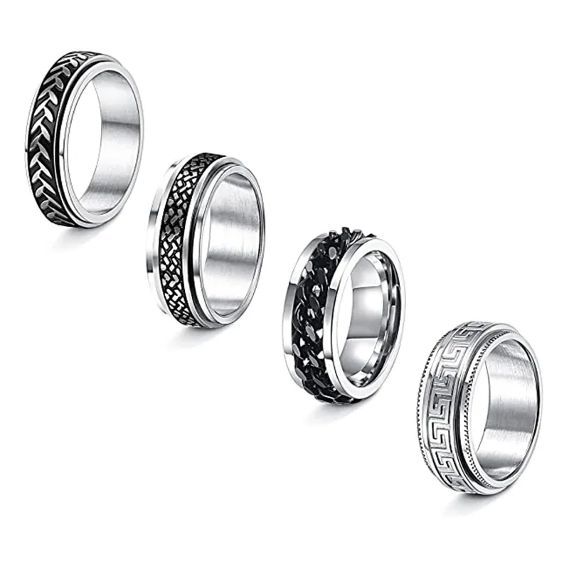 Bague Spinner en Acier Inoxydable Homme Soulagement Anxiété Rotatif Chaîne Feuille Motif Méandre Grec Anneau Bijoux Unisexe