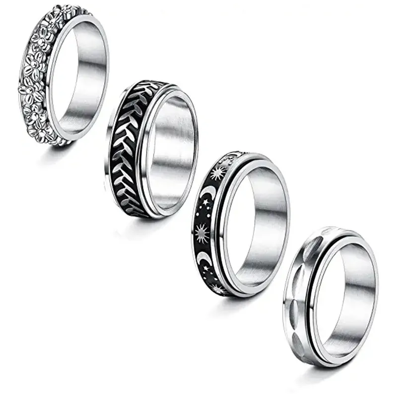 Edelstahl Spinner Ring Zur Angstlinderung Unisex Drehbarer Bandring Mit Gänseblümchen Mond Stern Blatt Muster Fidget Schmuck