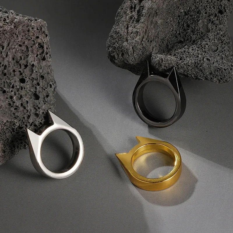 Punk Titanium Staal Kattenoor Zelfverdediging Ring Gothic Industriële Stijl Overlevingsgereedschap Ring Voor Heren Dames