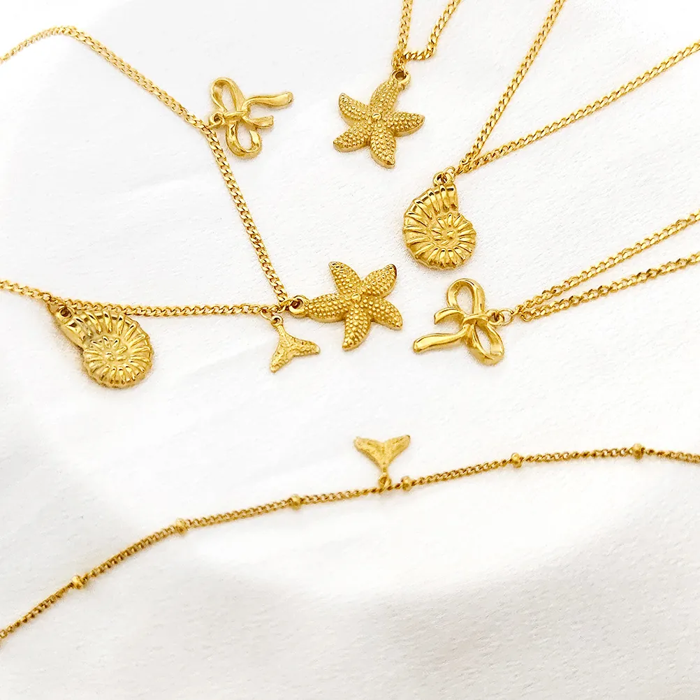 Ozean Thema Edelstahl Anhänger Halskette Gold Meeresmuschel Seestern Fischschwanz Schleife DIY Schmuck Geschenk Damen