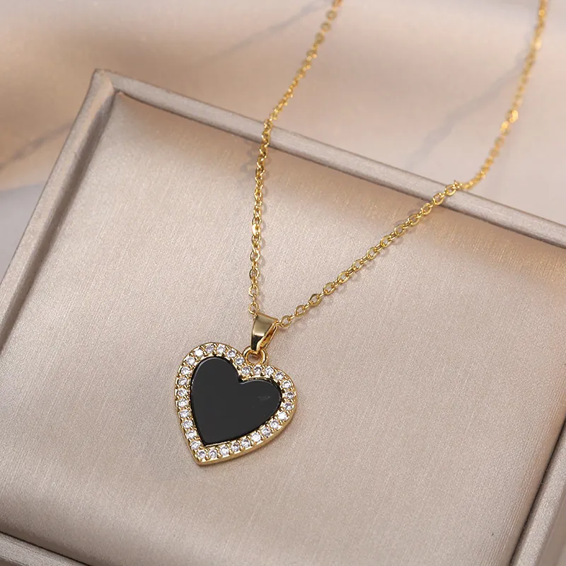 Collar Con Colgante De Corazón Elegante De Acero Inoxidable Con Circón E Incrustaciones De Nácar Para Mujer