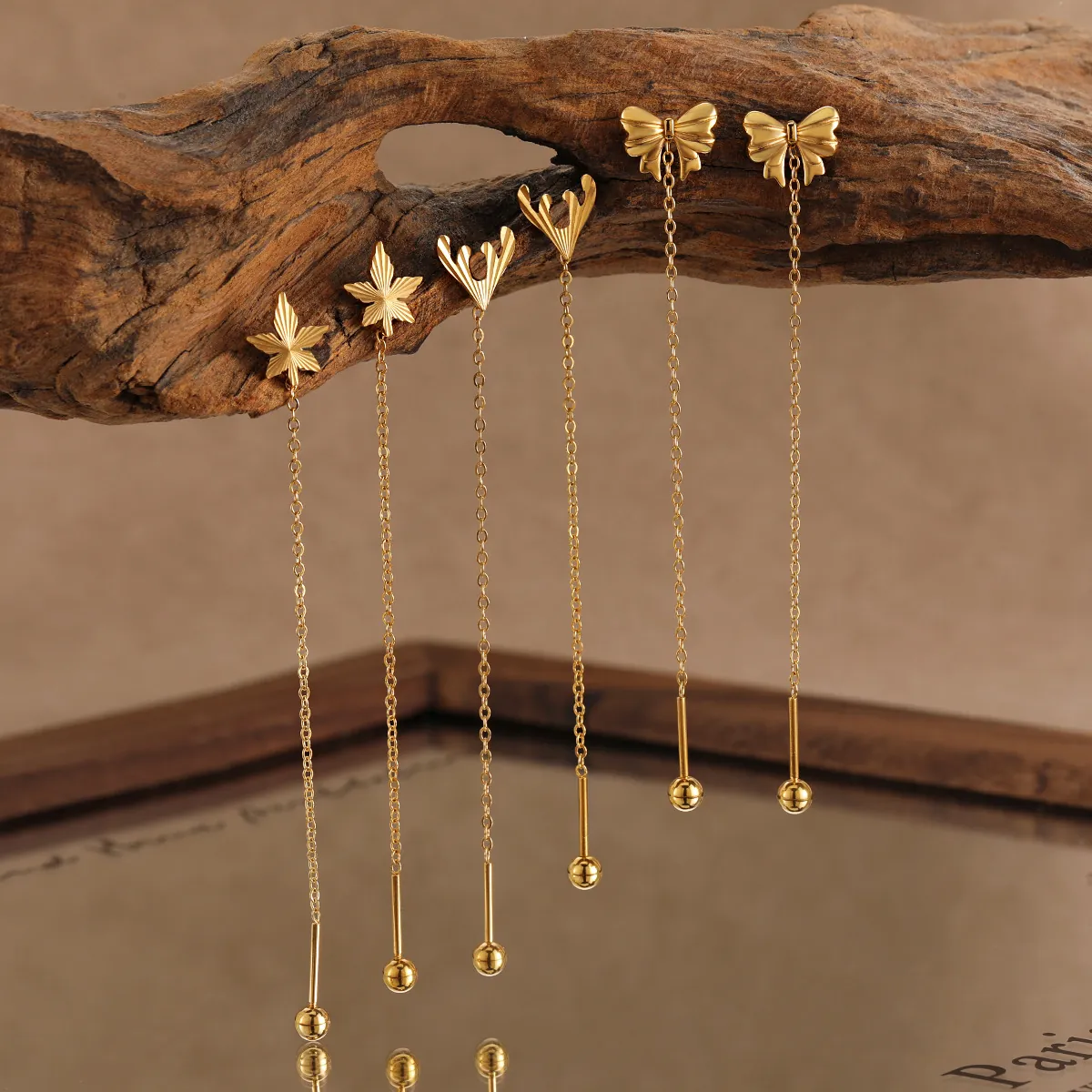 Korean Style Stainless Steel Gold Plated Bow Leaf Antler Tassel Ear Threads Long Chain Dangle Drop Earrings For Women