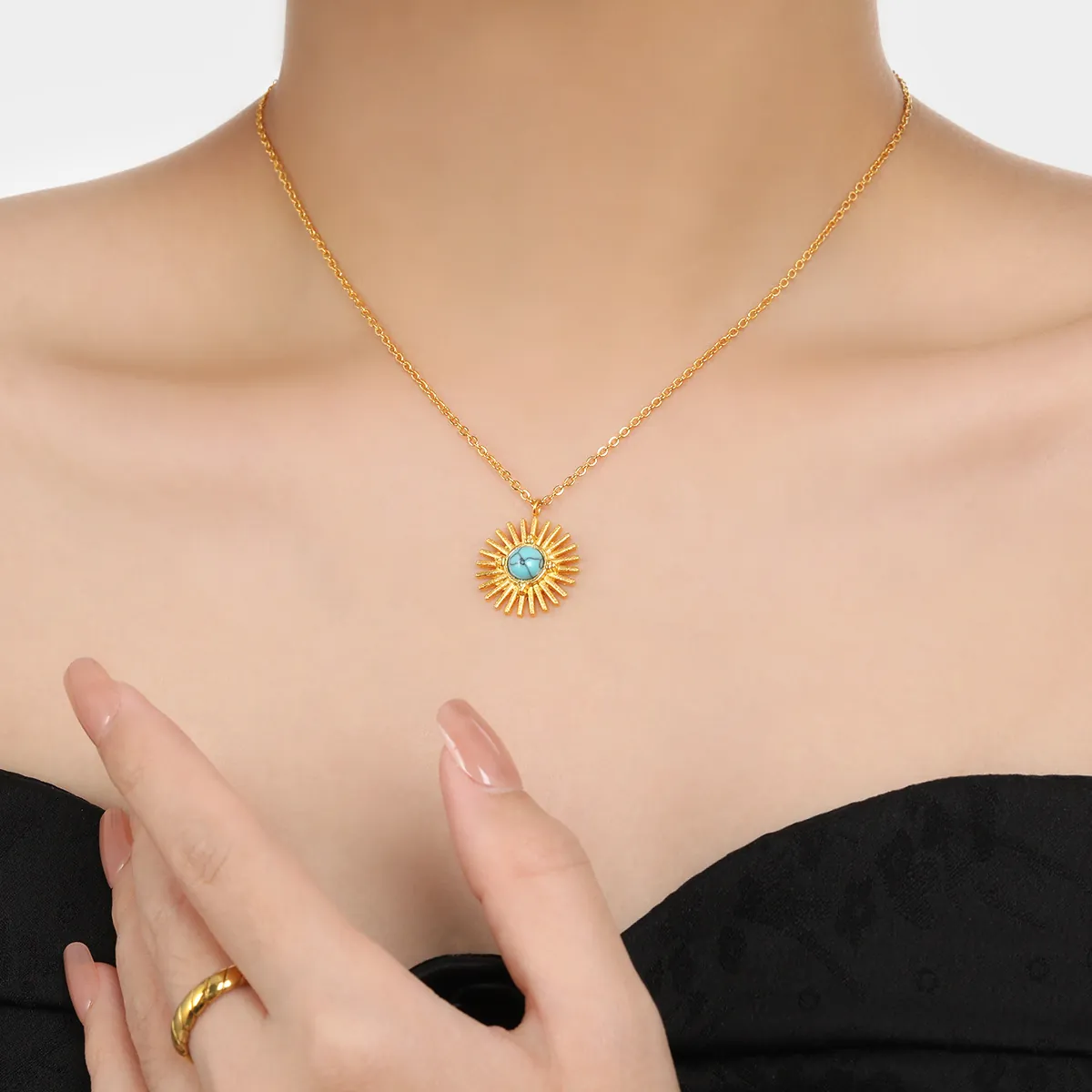 Bohemian Sunburst Turquoise Pendant Necklace Stainless Steel Sunray Sunflower Choker Jewelry For Women Daily Dating Gift