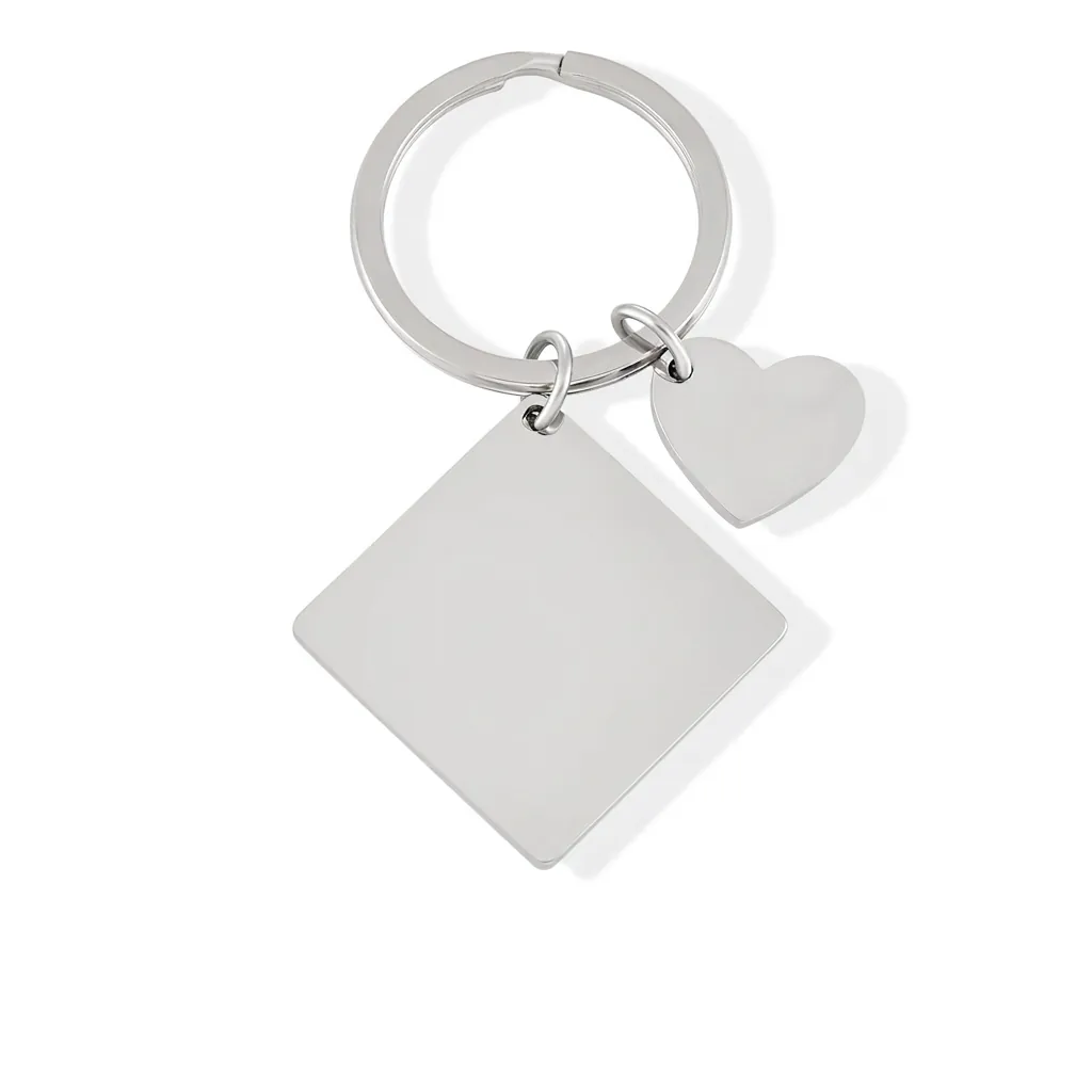 Porte-clés en Acier Inoxydable Poli Avec Pendentif Carré Et Cœur Anneau de Clé en Métal Minimaliste Pour Femmes Hommes Bijoux