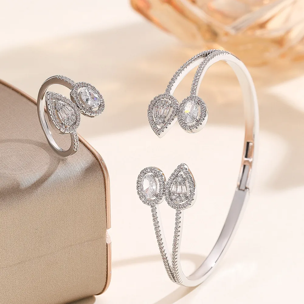 Fashion Copper Cubic Zirconia Jewelry Set Pear Oval Open Adjustable Ring Bangle Bracelet For Women Wedding Party Luxury Jewelry