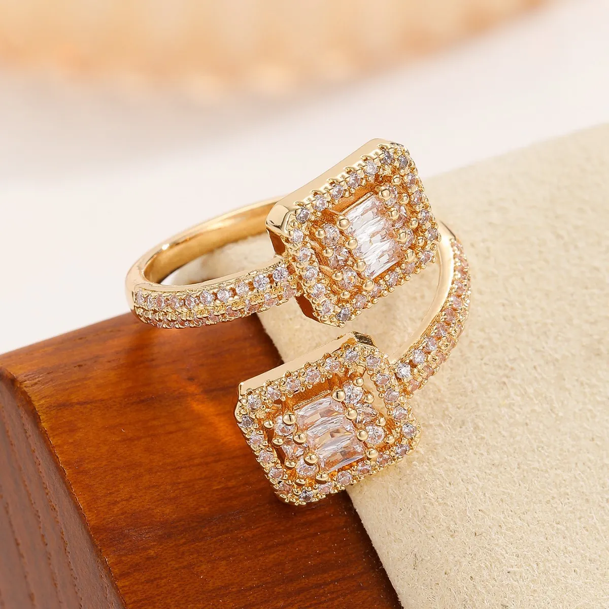 Luxury Copper Zircon Adjustable Open Bangle And Ring For Women Minimalist Geometric Square Fashion Jewelry Accessory Gift