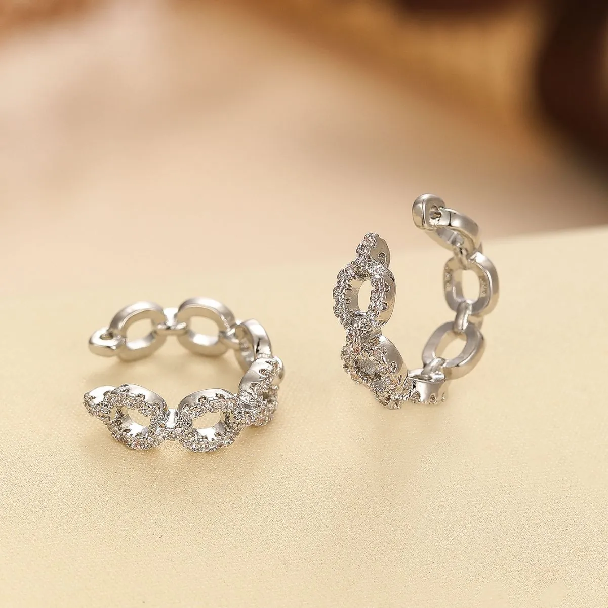 Hip Hop Geometric Chain Ear Cuff Earrings With Micro Inlaid Cubic Zirconia Niche Design Non Pierced Jewelry For Women