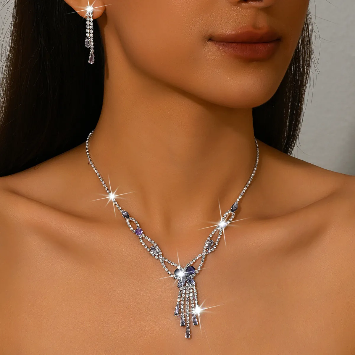 Elegant Copper Rhinestone Tassel Necklace And Long Drop Earrings Jewelry For Women Fashion Luxurious Banquet Party Wedding Accessory