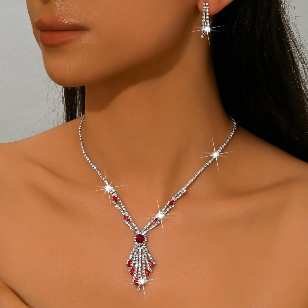 Luxury Rhinestone Necklace And Earring Bridal Wedding Jewelry Alloy Copper Tassel Drop For Women Party Prom Accessories