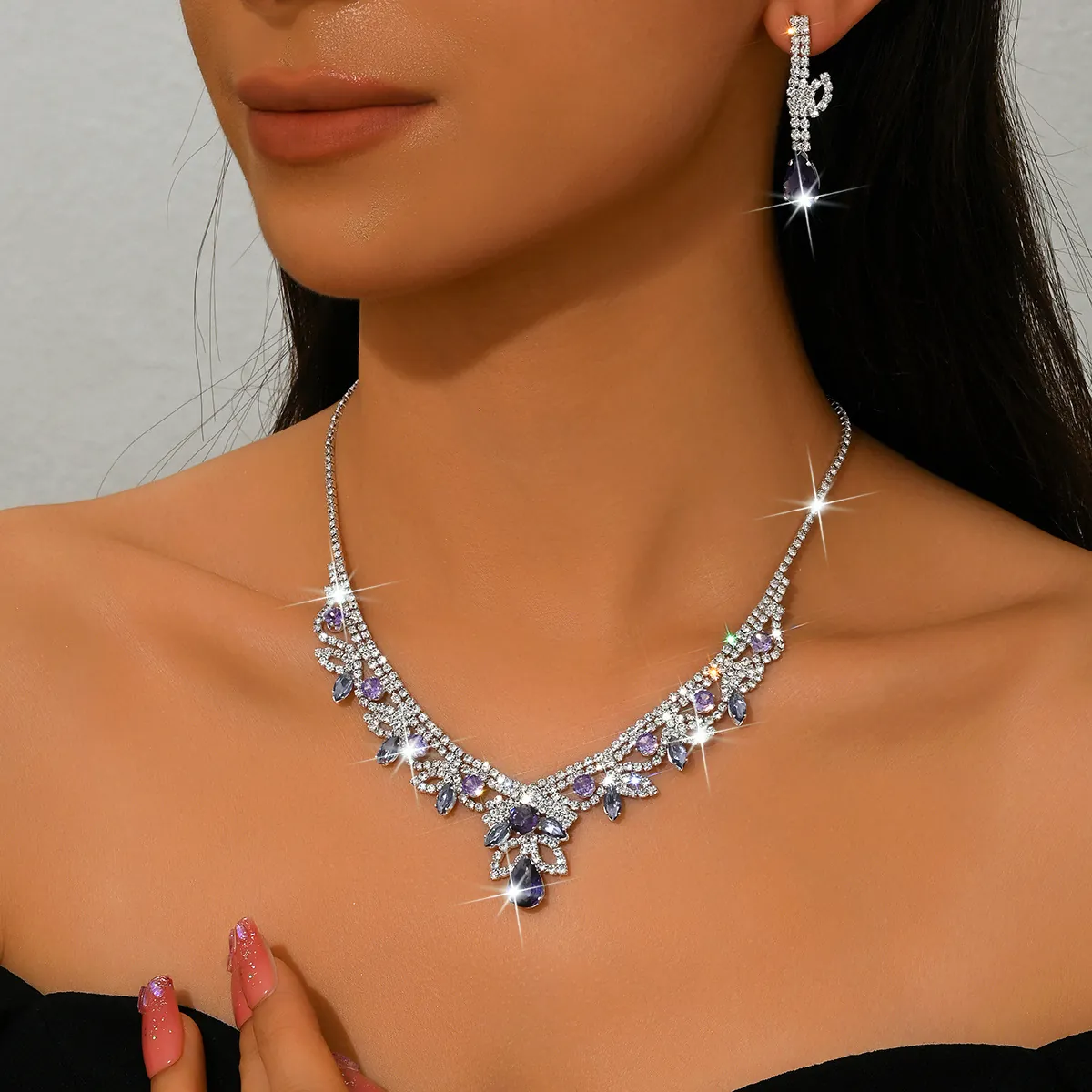Parure de Bijoux de Mariée Luxueuse en Cuivre Strass Goutte d'Eau Collier Boucles d'Oreilles Clous pour Mariage Soirée Femme