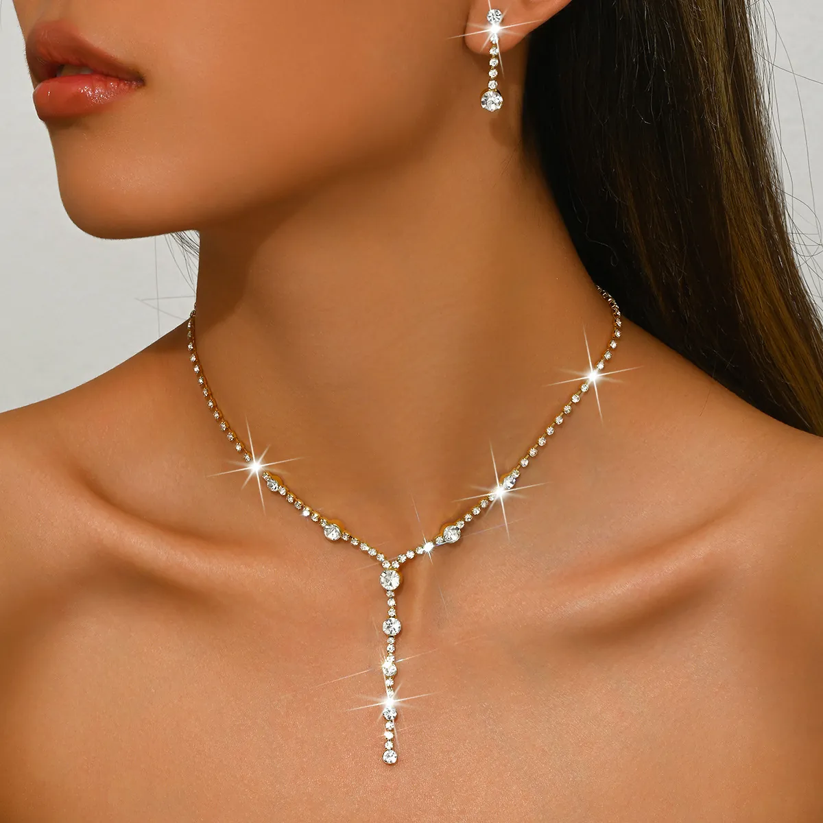 Elegant Alloy Rhinestone Necklace And Drop Earrings For Women Wedding Party Prom Luxury Jewelry Accessories Y-Shaped Tassel