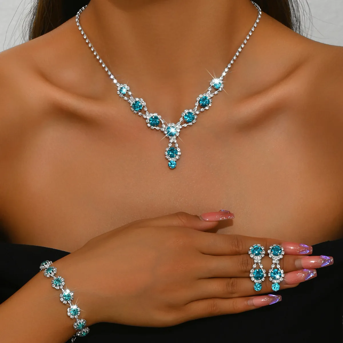 Women Fashion Copper Jewelry Collection Rhinestone Flower Cluster Necklace Bracelet Earrings For Wedding Party Birthday Gift