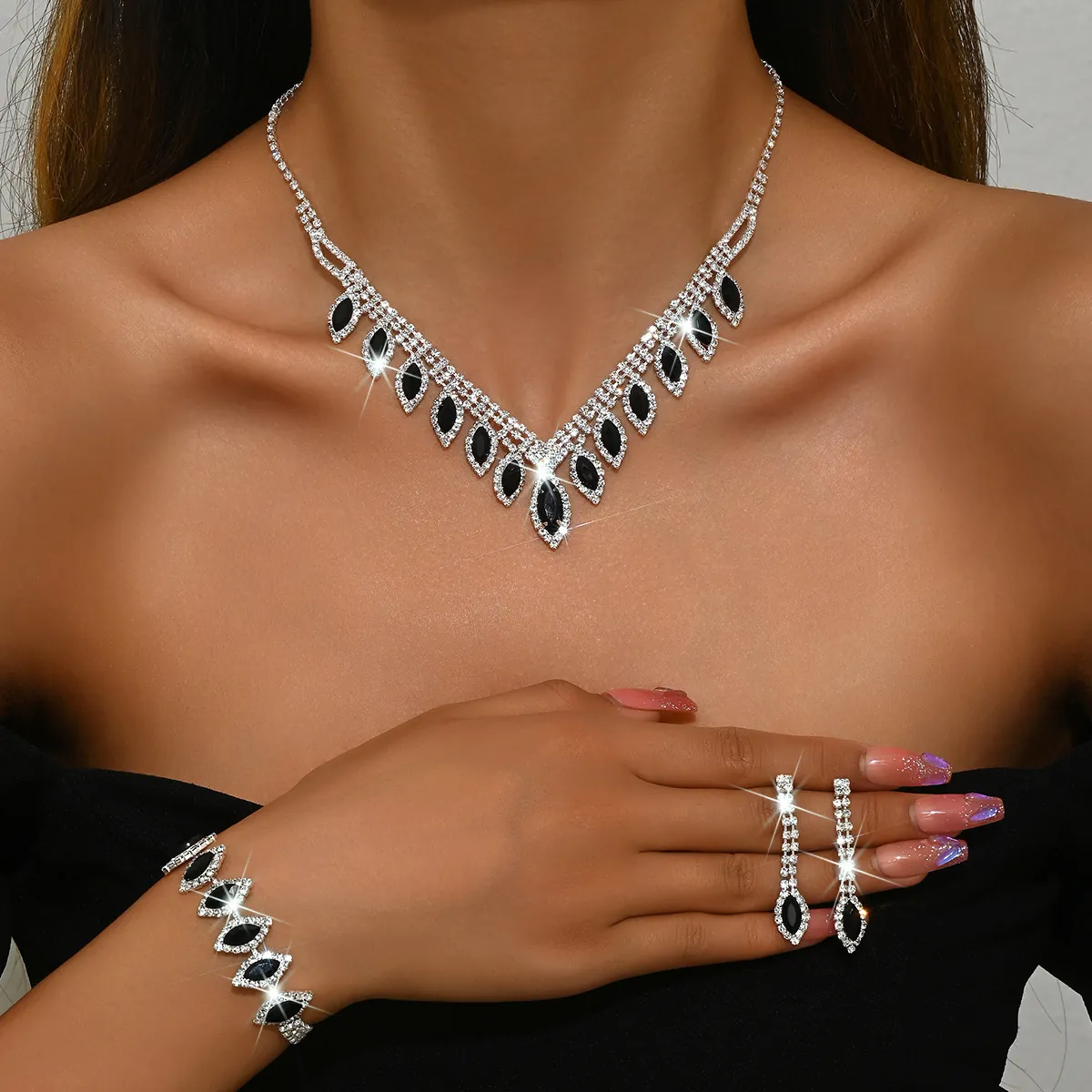 Elegant Marquise Cut Faux Gemstone Necklace Earrings And Bracelet Jewelry Set Silver Tone Rhinestone For Wedding Party