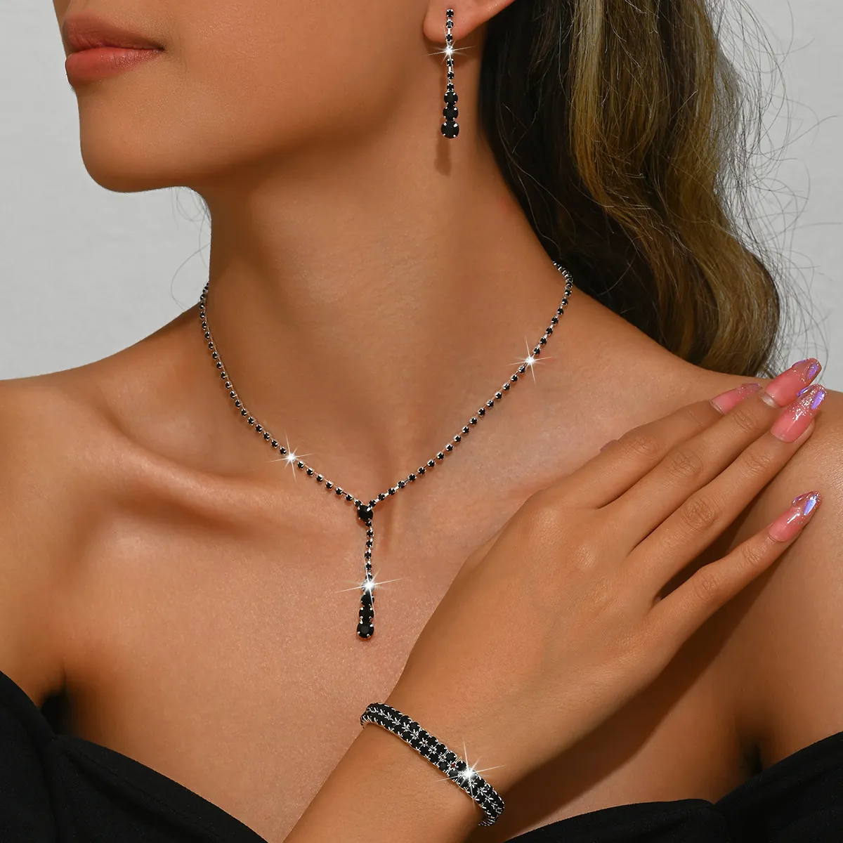 Luxury Alloy Rhinestone Jewelry Set Silver Plated Y-Shaped Drop Necklace Long Earrings Double Row Bracelet For Wedding Women