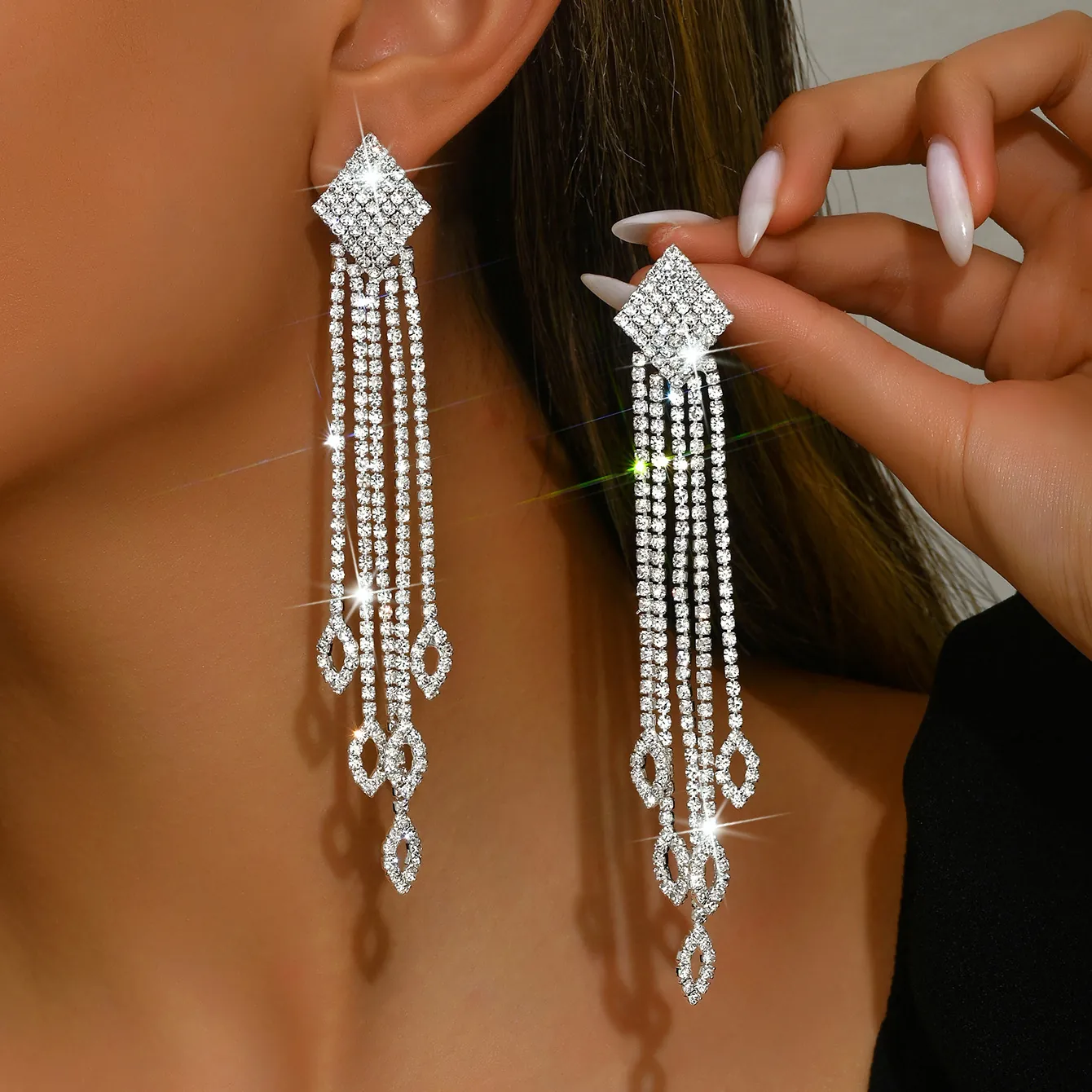Rhinestone Tassel Drop Earrings Copper Long Dangle Earrings For Women Wedding Party Prom Luxury Jewelry Silver Tone