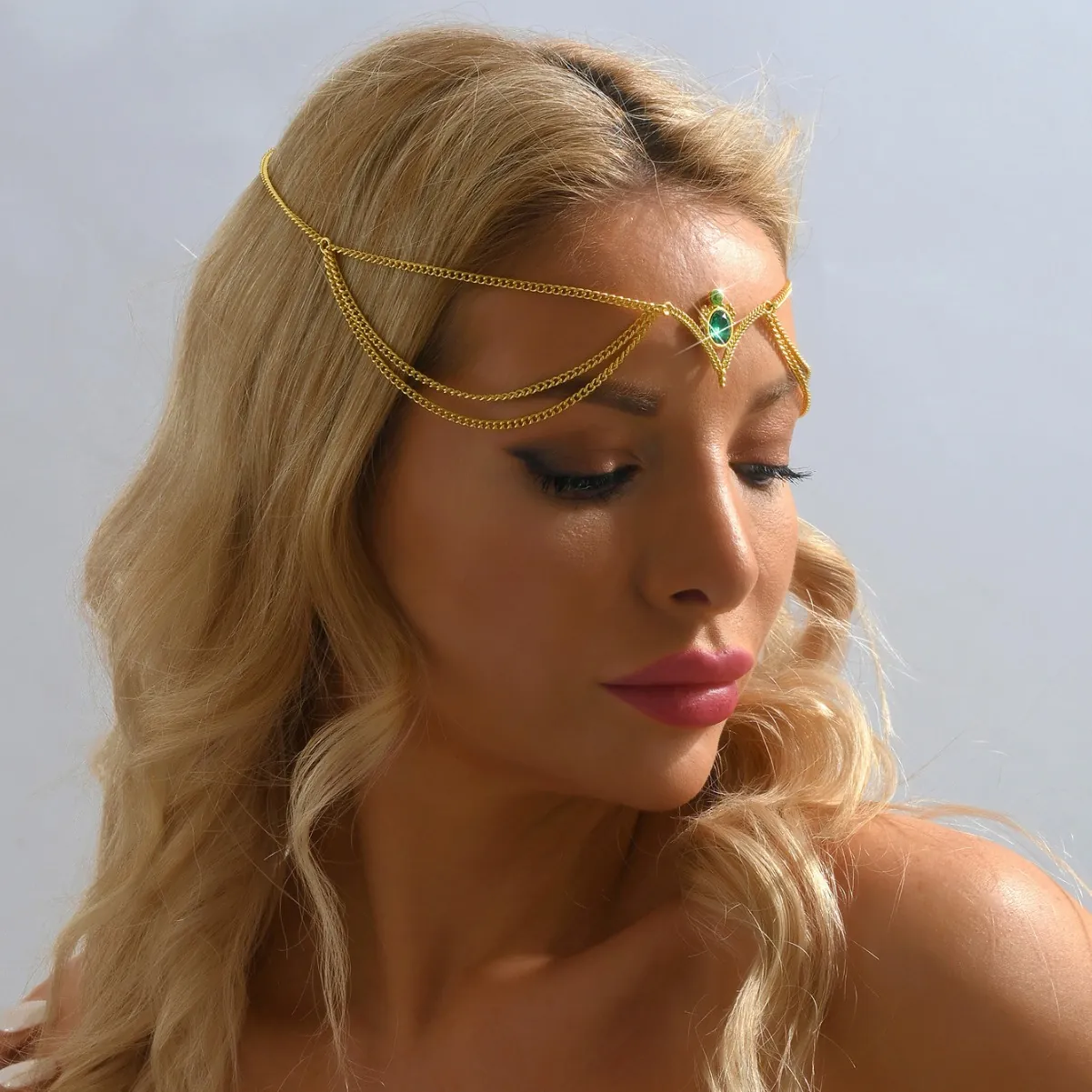 Bohemian Gold Multi Layer Head Chain Jewelry With Green Teardrop Rhinestone Pendant For Bridal Wedding Party Women Hair Accessories