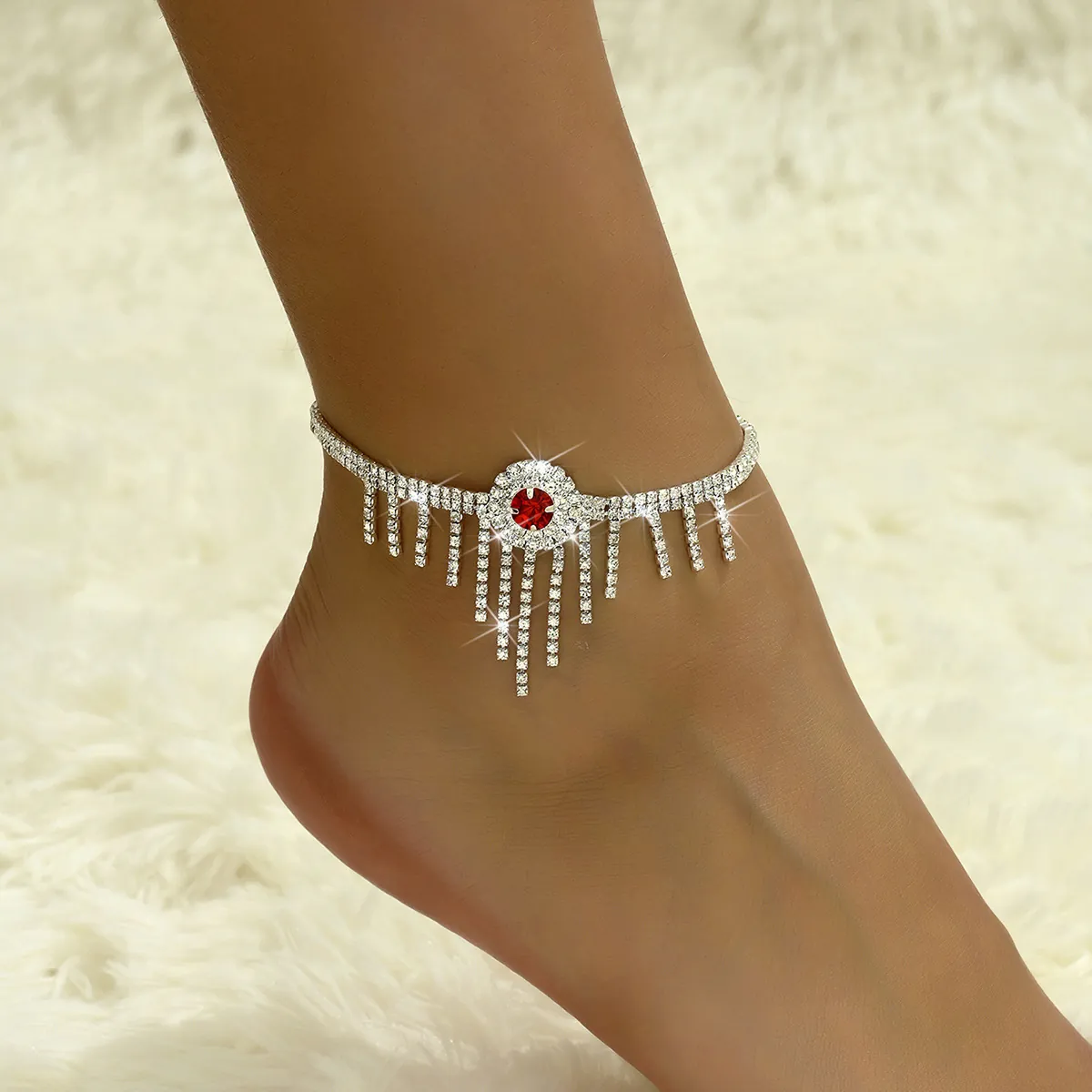 Luxueuse Chevillère À Pompons En Strass En Alliage Argenté Pour Femmes Pierre Rouge Bijoux De Pied Réglables Pour Plage Et Mariage