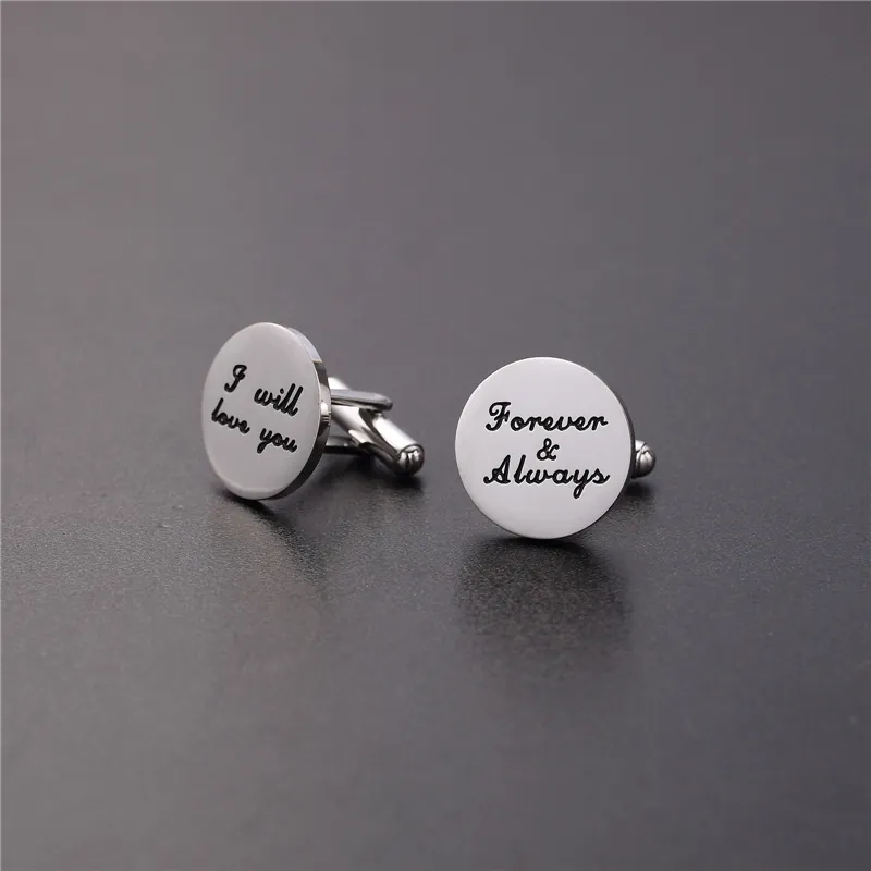 Men's Round Stainless Steel Cufflinks Forever & Always Engraved Business Wedding Shirt Cuff Links Silver Jewelry Gift