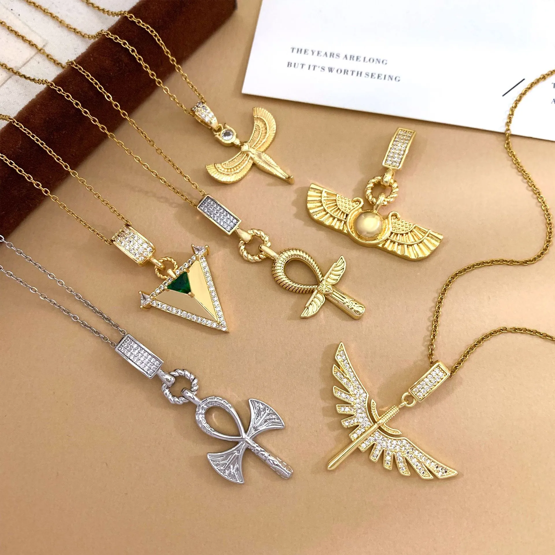 Titanium Steel Necklace Vintage Luxury Ancient Egyptian Ankh Cross Wings Pendant Necklace Gold Silver Zirconia Jewelry For Women
