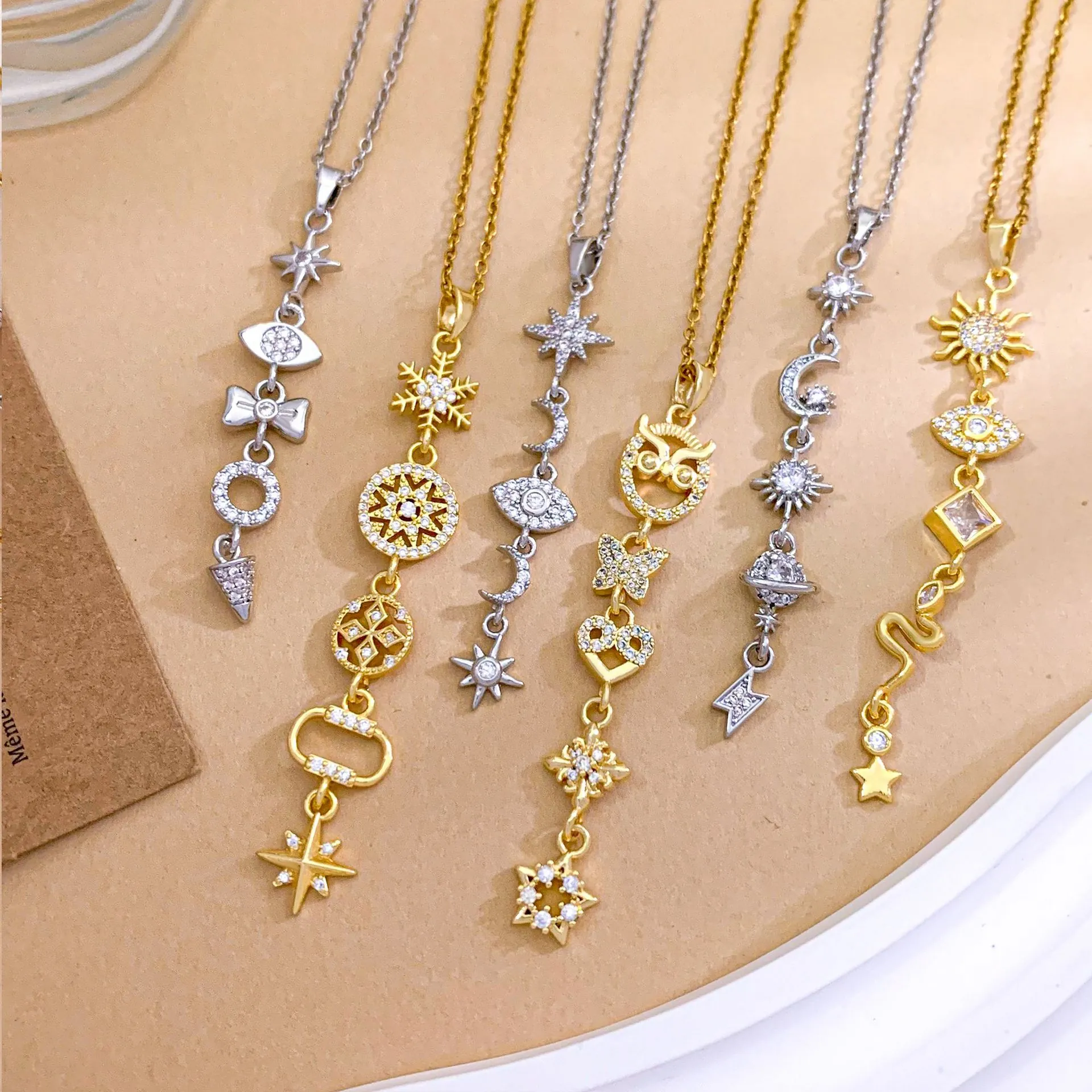 Stainless Steel Pendant Necklace Bohemian Sun Moon Star Evil Eye Owl Snake Butterfly Zirconia Inlaid Necklace Jewelry For Women