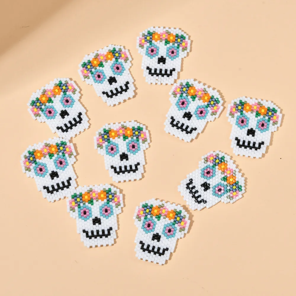 Handmade Woven Glass Seed Bead Skull Accessories Day Of The Dead Floral Design For DIY Jewelry Making Crafts