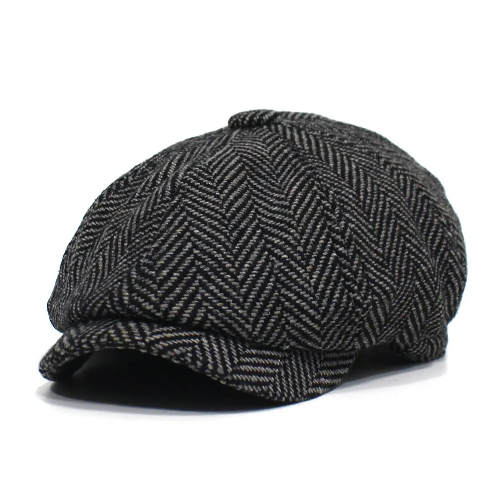 Berretto da Strillone Rétro Britannico a Spina di Pesce in Misto Cotone Cappello Ottagonale per Uomo Donna Autunno Inverno