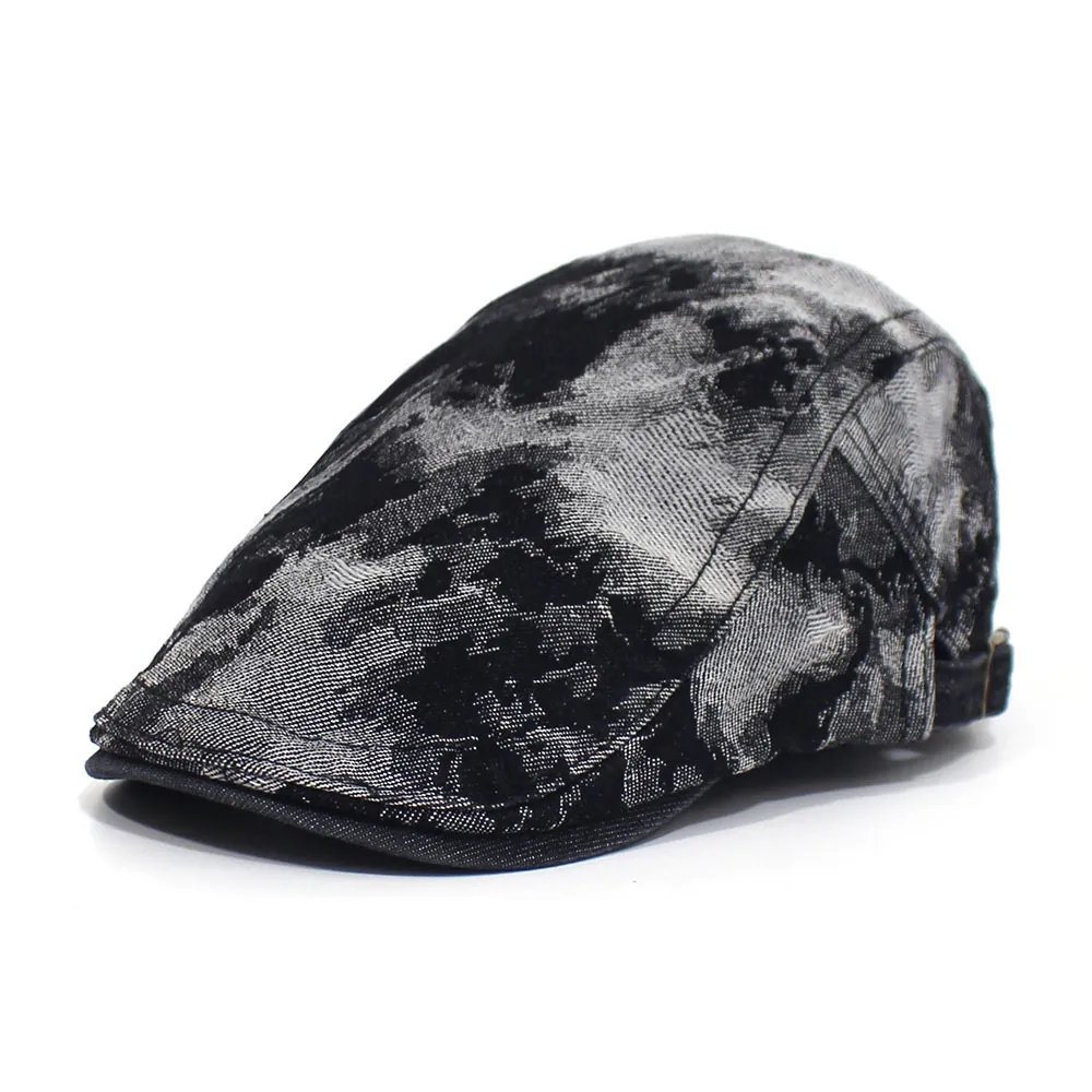 Vintage Washed Denim Flat Cap For Men Women Adjustable Ink Pattern Cotton Beret Hat Casual Outdoor Sunshade Ivy Cap
