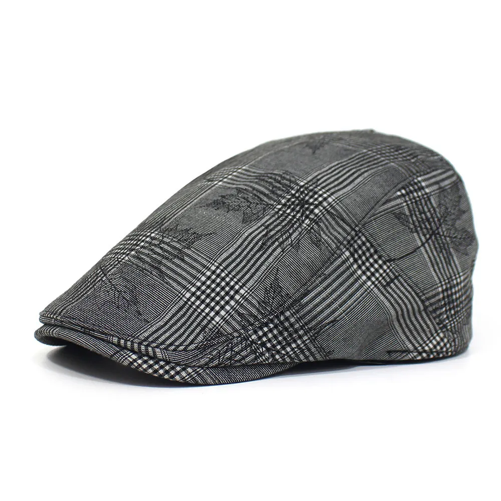 Vintage Plaid Ahornblatt Druck Baumwolle Schiebermütze Damen Herren Lässig Britischer Stil Verstellbare Baskenmütze Vorwärts Hut