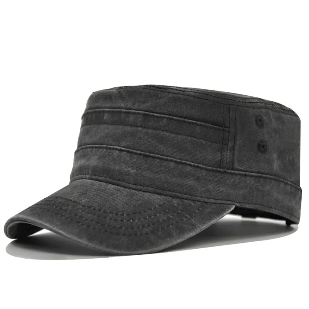 Men Washed Cotton Flat Top Military Cap Vintage Cadet Hat Distressed Sunshade Adjustable Outdoor Leisure Cap