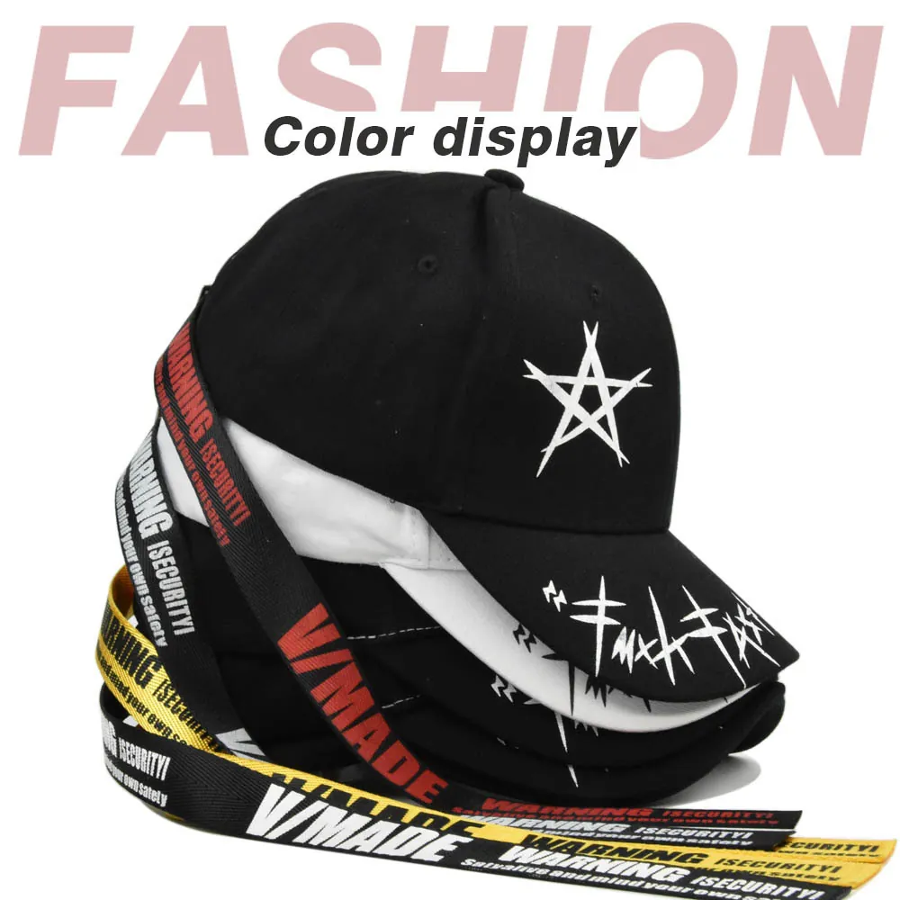 Street Graffiti Baseball Cap With Long Warning Print Strap Cotton Star Graphic Hip Hop Adjustable Sun Hat For Unisex