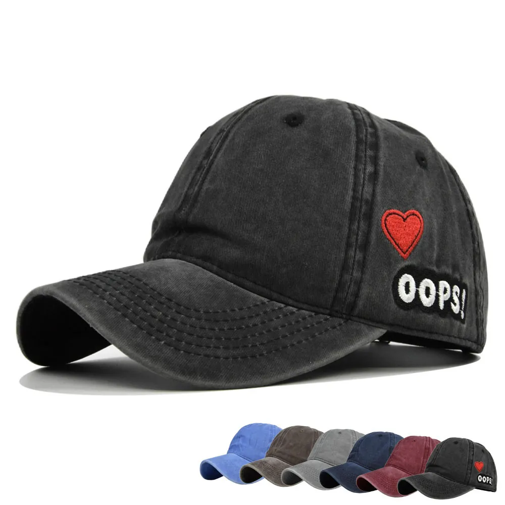 Vintage Washed Cotton Baseball Cap Heart Embroidery OOPS Patch Adjustable Distressed Dad Hat Sunshade Curved Brim Cap