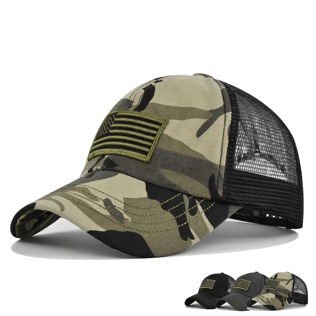 Men Tactical Camouflage Baseball Cap American Flag Patch Trucker Hat Breathable Mesh Outdoor Adjustable Sun Hat