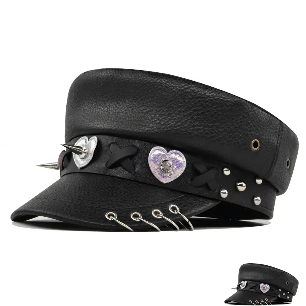 Punk PU Leather Navy Hat Women Heart Sequin Patch Metal Spikes Rings Harajuku Gothic Flat Top Captain Hat Accessory
