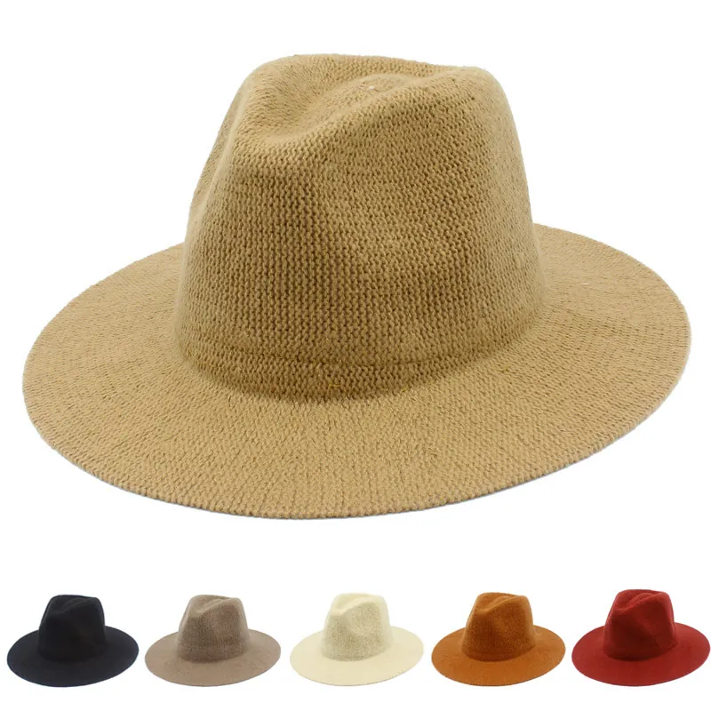 Women Knitted Foldable Fedora Hat Wide Brim Soft Chenille Warm Winter Jazz Hat Solid Color Retro Sun Hat For Travel