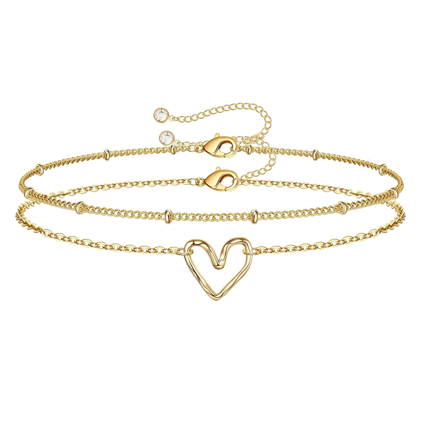 Minimalist 14K Gold Filled Stainless Steel Copper Heart Charm Bracelet Set For Women Beaded Layered Fashion Jewelry Gift