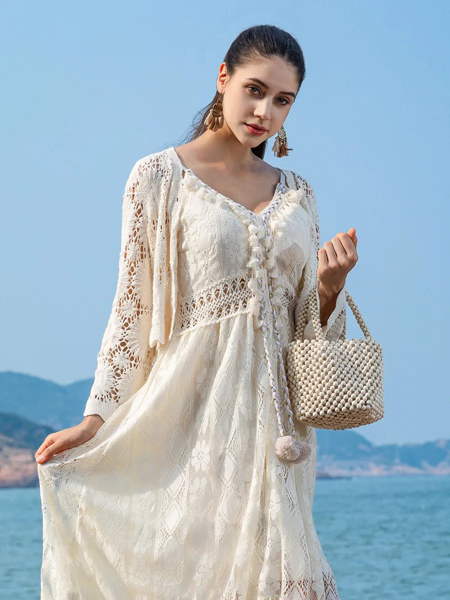 Women Handmade Maple Wood Bead Bucket Bag Woven Vacation Style Beaded Handbag With Drawstring Lining Top Handle Bag