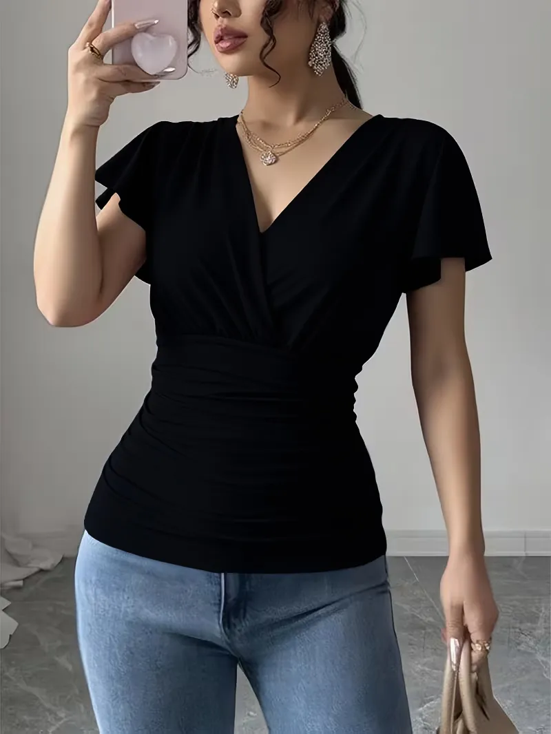 Women Elegant V Neck Ruched T Shirt Short Flutter Sleeve Slim Fit Solid Color Polyester Top For Daily Casual Office Wear