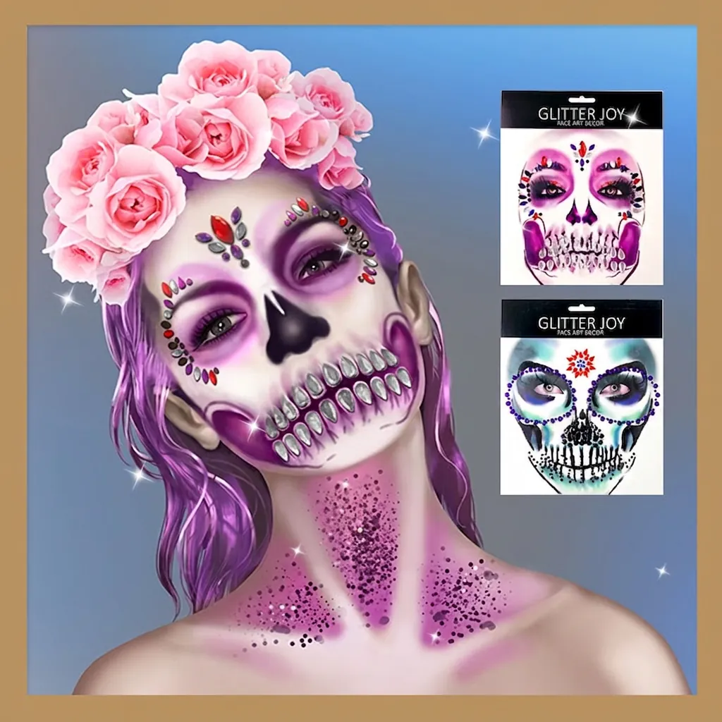 Halloween Face Rhinestone Stickers Skull Skeleton Glitter Gems For Party Makeup Women Temporary Tattoo Face Jewelry Art Decor