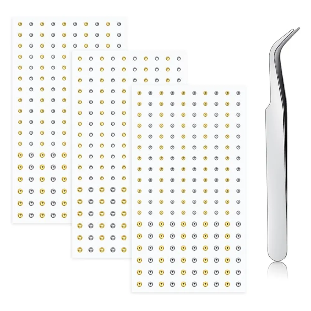 Fake Face Piercing Stickers And Tweezers Metallic Gold Silver Lip Nose Eyebrow Stud Stickers For Women Party Creative Makeup