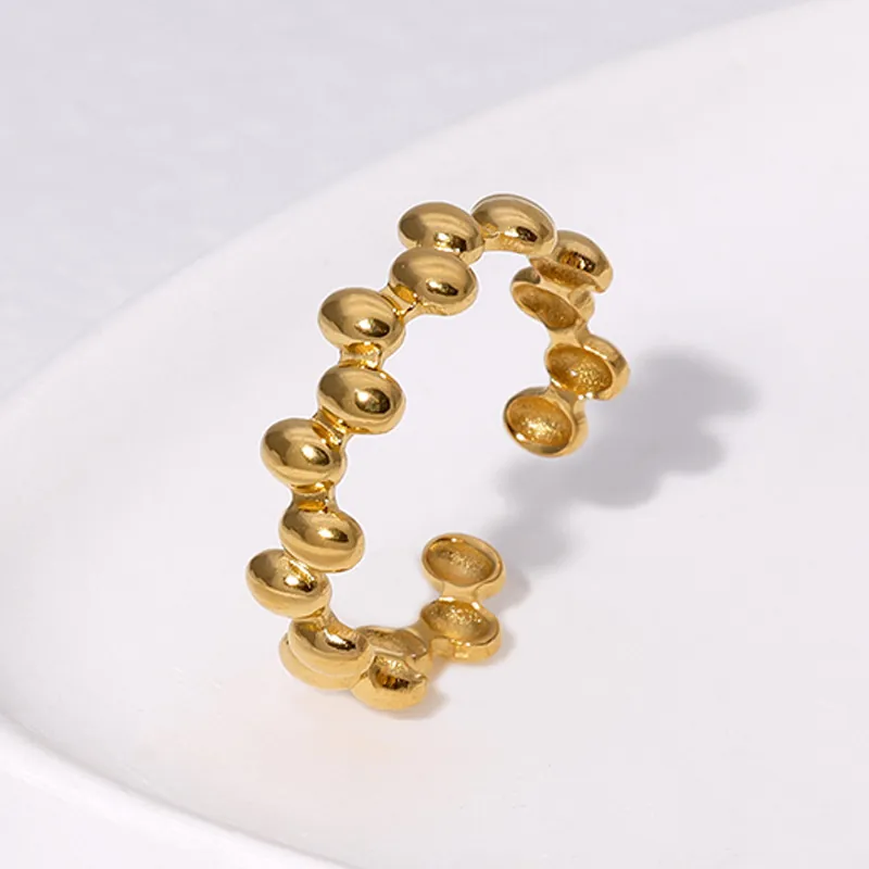 Anello Aperto Acciaio Inossidabile Placcato Oro 18K Geometrico Irregolare Trama Perline Regolabile Minimalista Moderno Donna