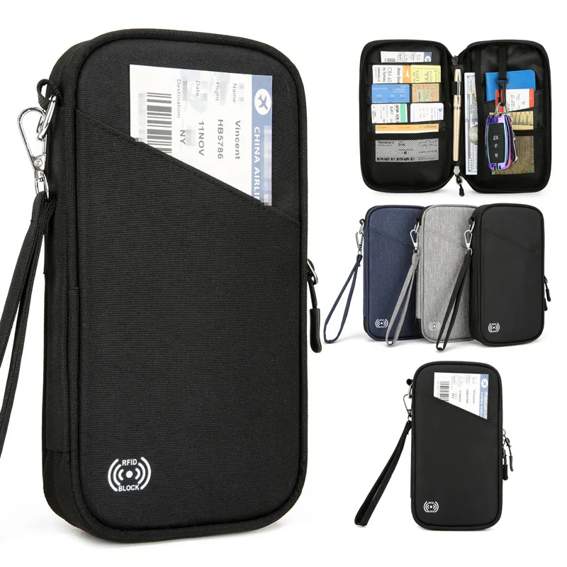 RFID Blocking Travel Passport Holder Oxford Cloth Multi Functional Large Capacity Card Documents Organizer Case With Wrist Strap