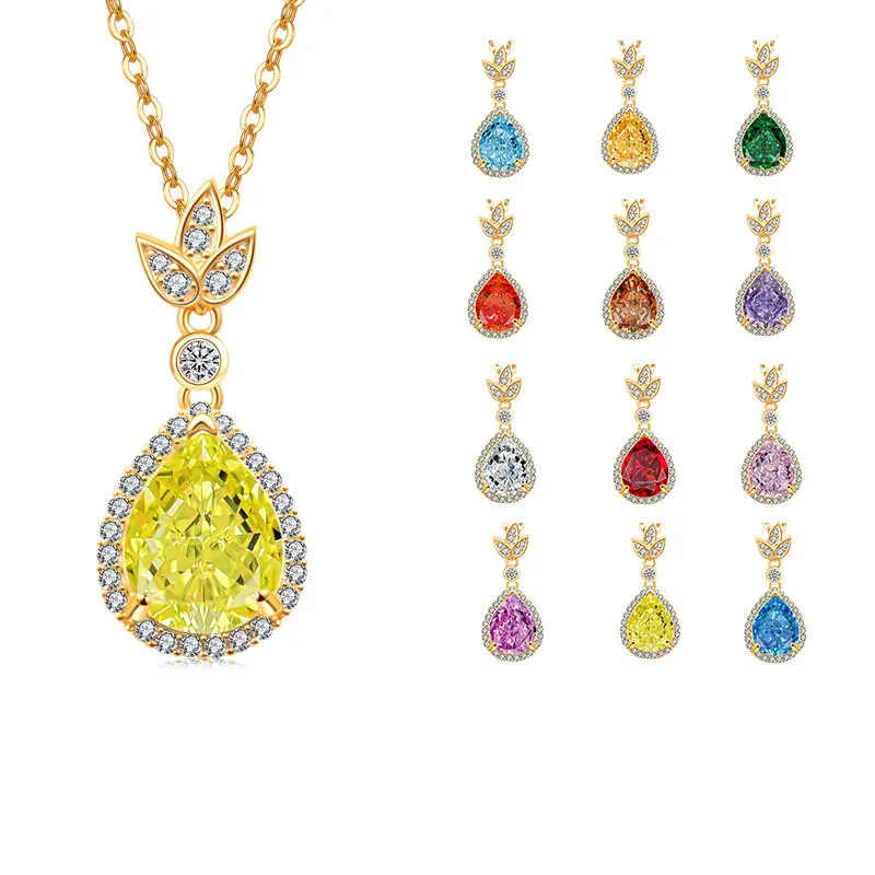 Collana a Goccia in Argento Sterling S925 per Donna Placcata Oro 18K Zirconia Cubica a Pera Pendente Foglia Gioielli Regalo