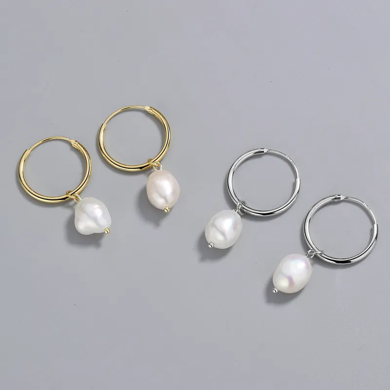 S925 Sterling Silver Baroque Freshwater Pearl Hoop Earrings For Women Gold Plated Irregular Pearl Drop Dangle Earrings