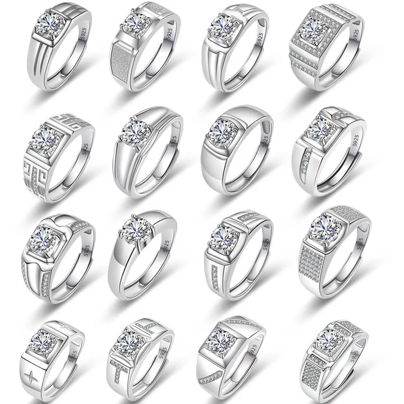 925 Sterlingsilber Herren Ring Rund Zirkonia Verstellbare Öffnung Verlobung Hochzeit Band Luxus Business Mode Männlicher Schmuck