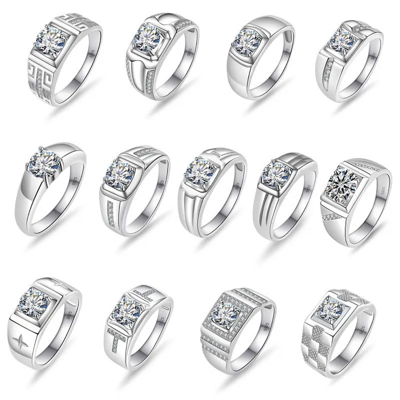 925 Sterling Silver Men Moissanite Ring Luxury Round Zirconia Band Ring Fashion Geometric Finger Jewelry For Wedding Engagement