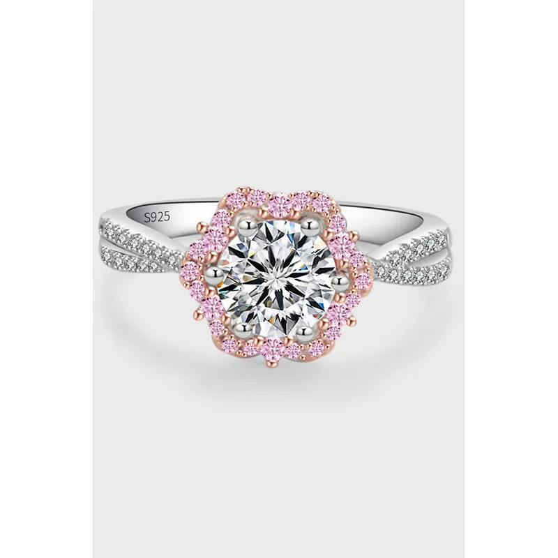 925 Sterling Silver Moissanite Ring Flower Petal Halo Intertwined Twining Band Pink Gemstones Elegant Wedding Jewelry For Women