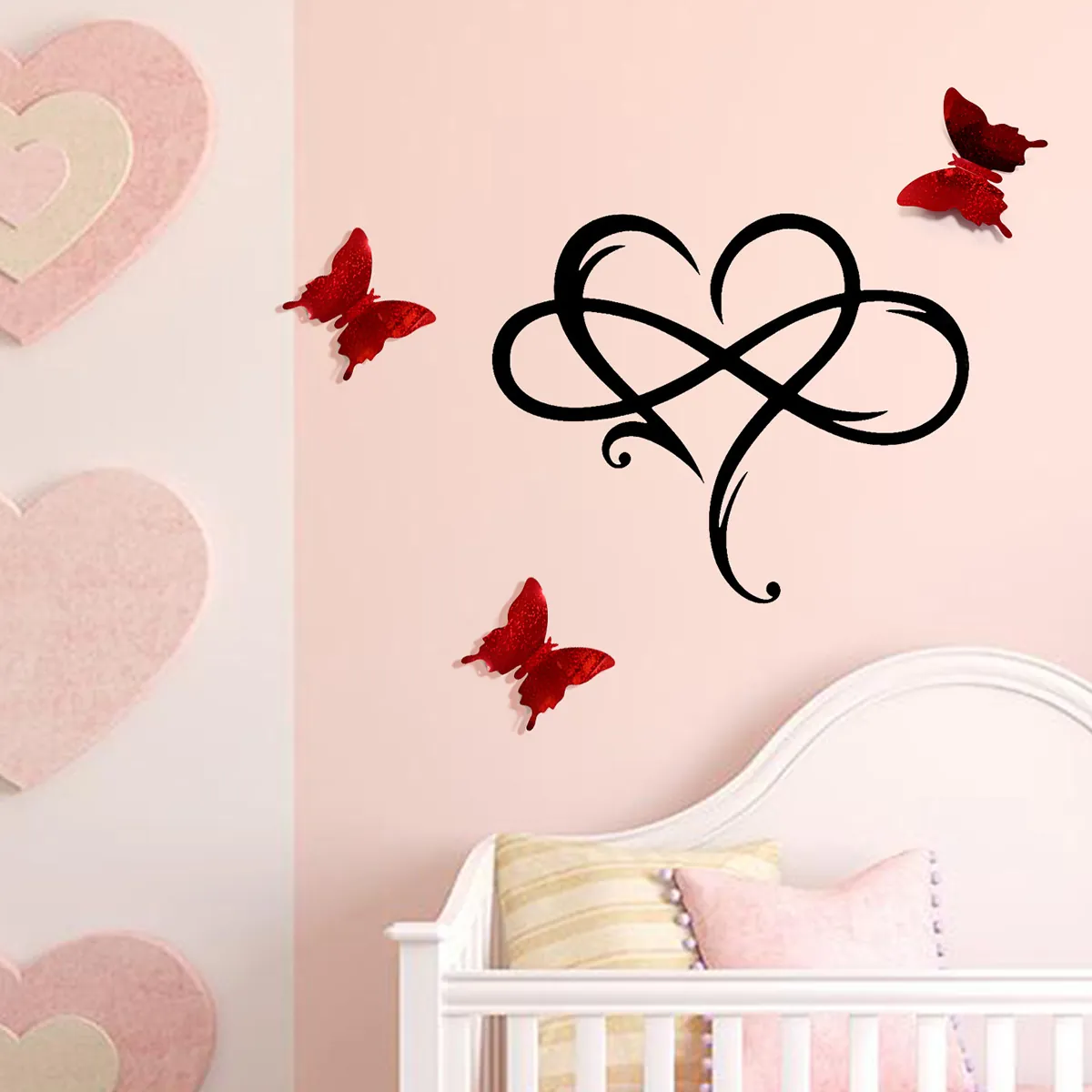 Ensemble de Stickers Muraux Symbole de l'Infini en Cœur Avec Papillon Rouge Pailleté Décoration Murale en PVC Amovible