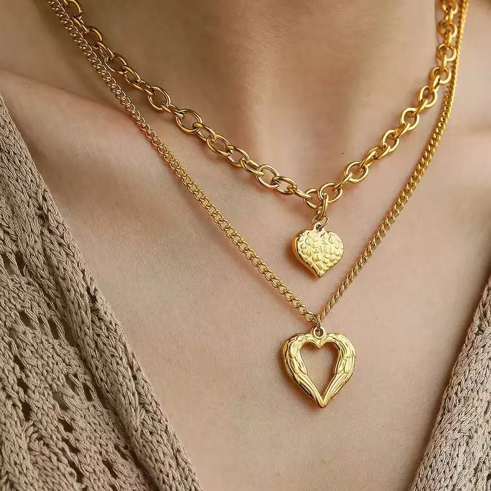 Stainless Steel Angel Wings Heart Double Layer Necklace For Women Gold Silver Textured Heart Pendant Sweater Chain Jewelry